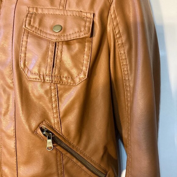 New Look SZL Brown Faux Leather Bomber Jacket Wardrobe Staple Moto Aviator Retro - Picture 4 of 11